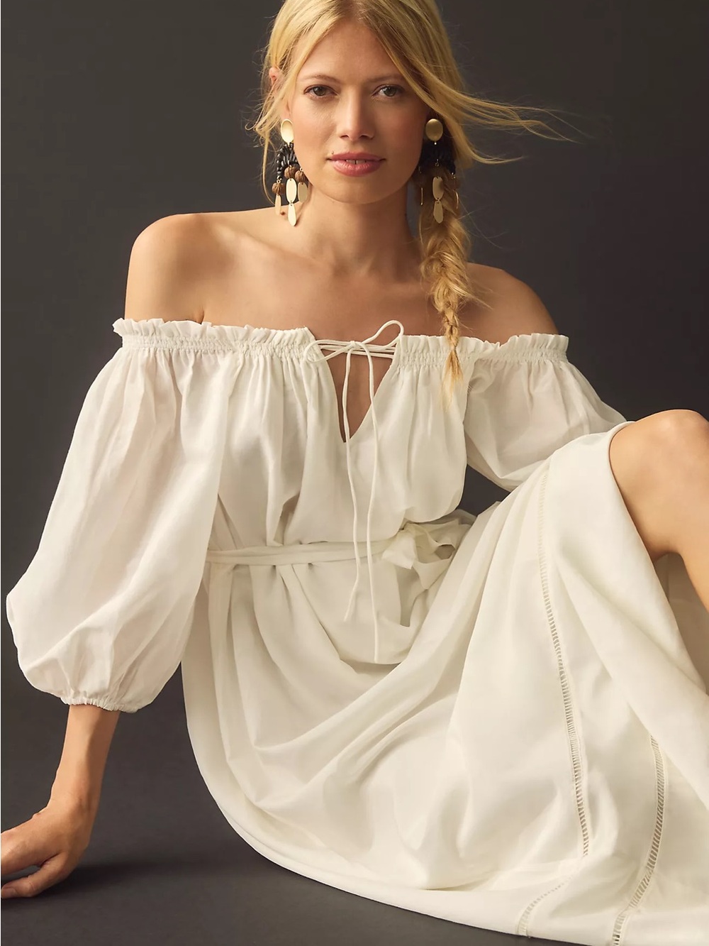 Anthropologie White Off-Shoulder Midi Peasant Dress XSP silk cotton fairycore - Picture 2 of 12